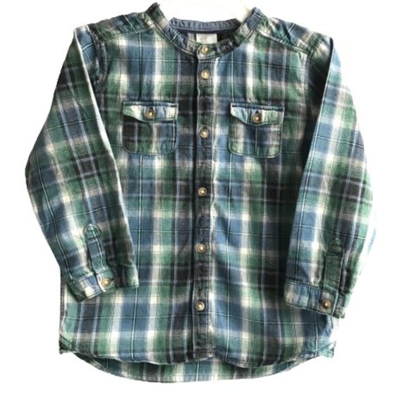 H&M Plaid Band Collar Henley Button Cotton Shirt - Picture 2 of 10